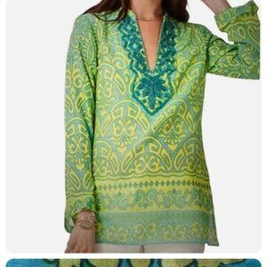 HALE BOB CABANA Women’s Silk Corine Beaded Tunic Top Green/Blue Size L